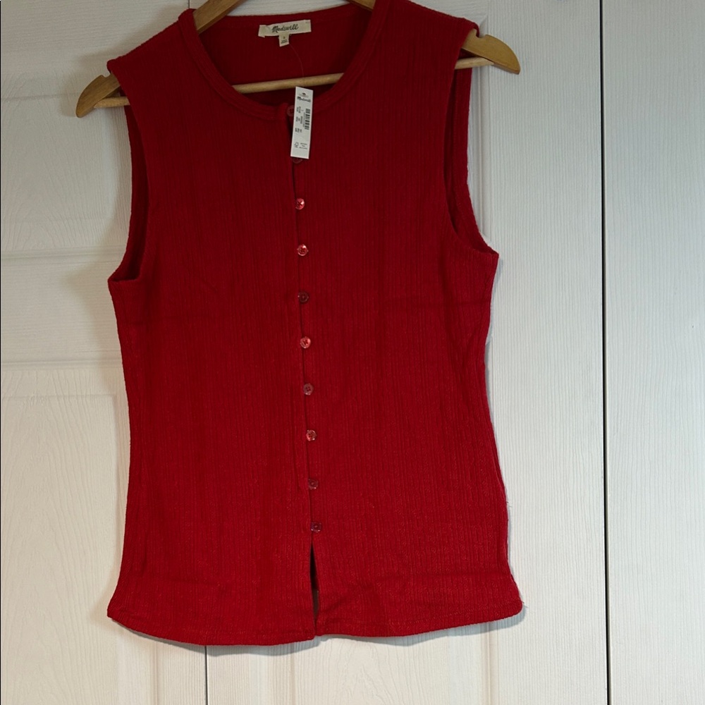 NWT- Madewell Bright Red Ribbed Button-Front Tank - Picture 5 of 6